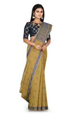 Olive hand woven pure cotton saree with blouse 1