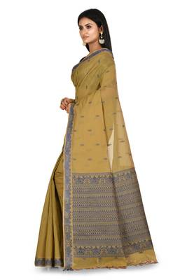 Olive hand woven pure cotton saree with blouse 2