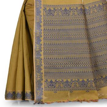 Olive hand woven pure cotton saree with blouse 3