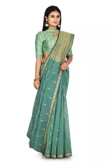 Green hand woven pure cotton saree with blouse