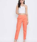 Women Pure Cotton Pant Relaxed  Regular Fit Trousers Pants Casual Formal Solid Trouser Comfort fit (Peach Color Size)