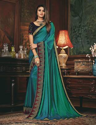 Blue embroidered silk blend saree with blouse 1