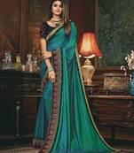 Blue embroidered silk blend saree with blouse