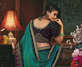 Blue embroidered silk blend saree with blouse 2