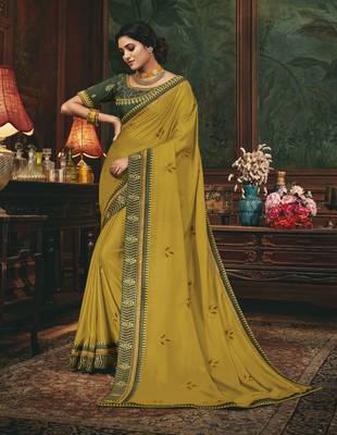 Mustard embroidered silk blend saree with blouse 1