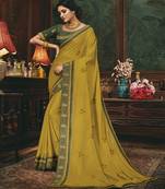 Mustard embroidered silk blend saree with blouse