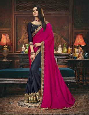 Pink embroidered silk blend saree with blouse 1