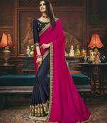 Pink embroidered silk blend saree with blouse
