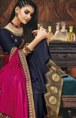 Pink embroidered silk blend saree with blouse 2