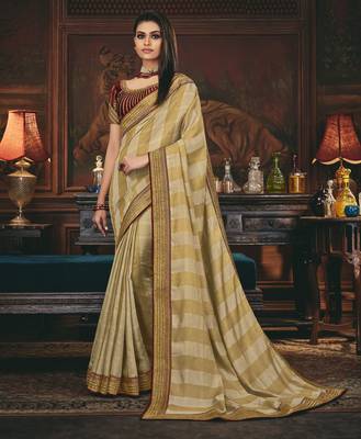 Beige embroidered silk blend saree with blouse 1