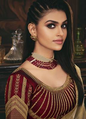 Beige embroidered silk blend saree with blouse 2