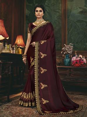 Brown embroidered silk blend saree with blouse 1