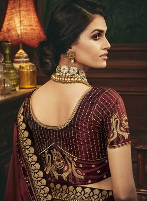 Brown embroidered silk blend saree with blouse 2