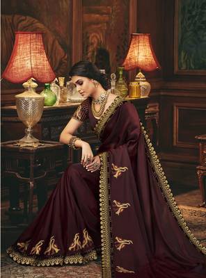 Brown embroidered silk blend saree with blouse 3