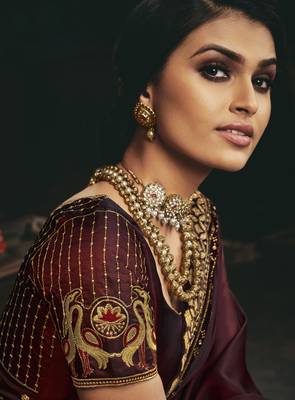 Brown embroidered silk blend saree with blouse 4