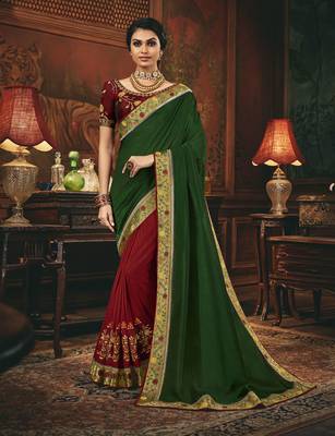 Green embroidered silk blend saree with blouse 1