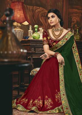 Green embroidered silk blend saree with blouse 2