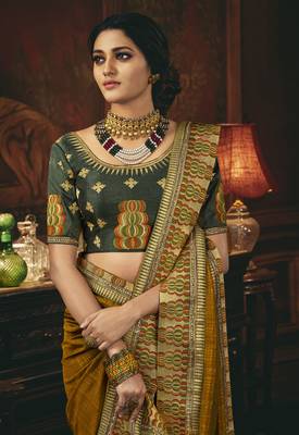 Brown embroidered silk blend saree with blouse 2