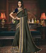 Dark grey embroidered silk blend saree with blouse