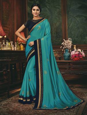 Sky blue embroidered silk blend saree with blouse 1