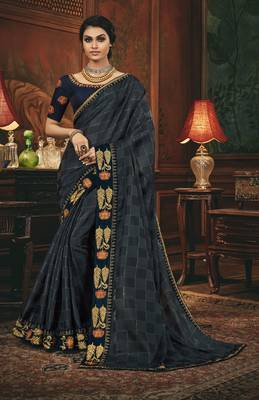 Grey embroidered silk blend saree with blouse 1