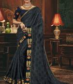 Grey embroidered silk blend saree with blouse
