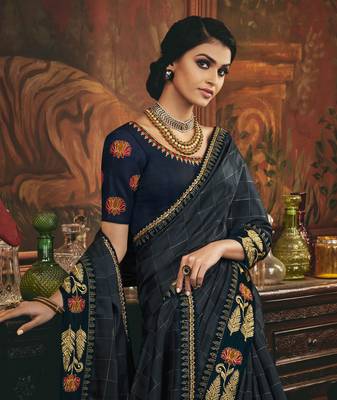 Grey embroidered silk blend saree with blouse 2