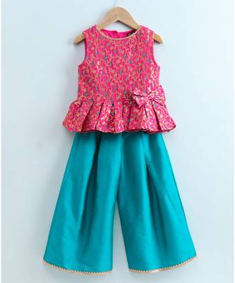 Woven Butta Peplum Round Neck Sleeveless Top with Designer Palazzos -Teal 1