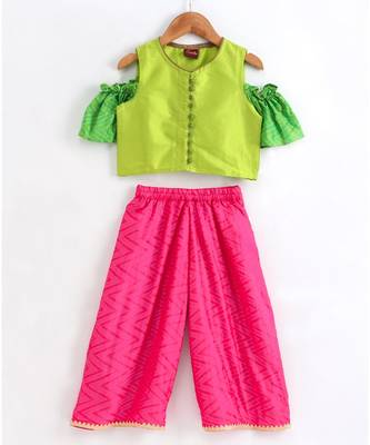 Stylish  girls cold sholder  sleeveless top with potli buttons and  palazzos set-lime green 1