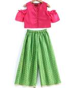 Stylish  girls cold sholder  sleeveless top with potli buttons and  palazzos set-pink