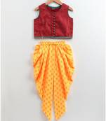 Stylish sleeveless top with potli buttons & designer dhoti-yellow