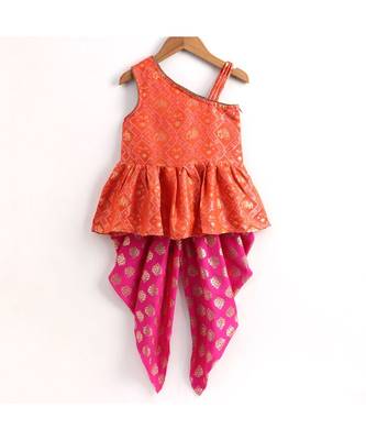 sleeveless brocade Asymmetrical Neck Top With dhoti-orange 1
