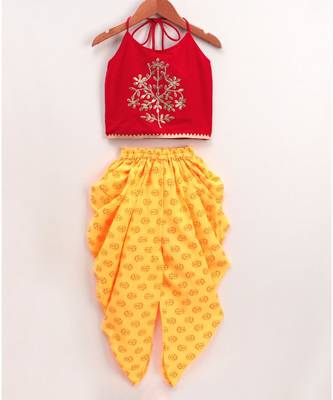 Golden Floral Embroidered Sleeveless Choli With dhoti-red 1