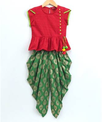 Short Sleeves Potli Button Decorated Top with dhoti-red 1