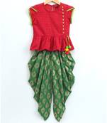 Short Sleeves Potli Button Decorated Top with dhoti-red