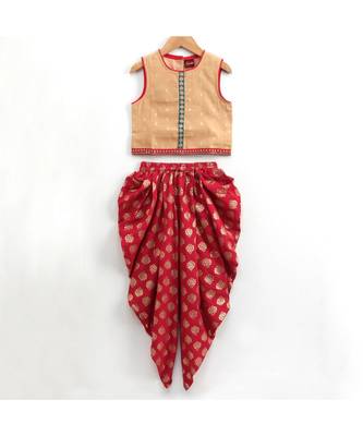 sleevless polka dot pattern top with dhoti-Brown 1