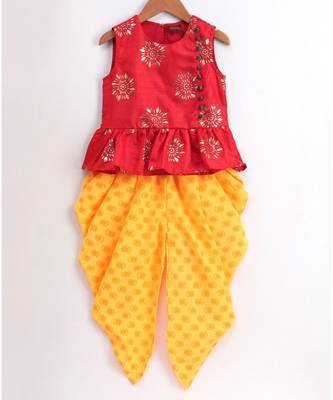 Stylish  Gold Print  Peplumcholi with  Floral Gold Print Dhoti -Red 1