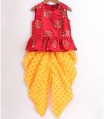 Stylish  Gold Print  Peplumcholi with  Floral Gold Print Dhoti -Red