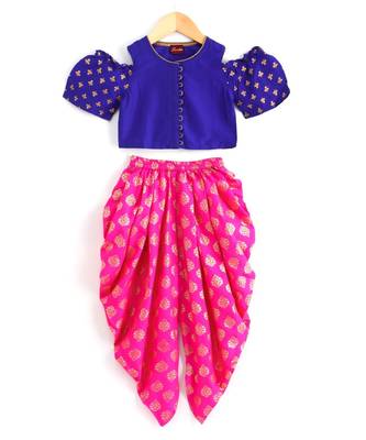Gold Foil Club Printed Half Cut Out Sleeves Top with dhoti-blue 1