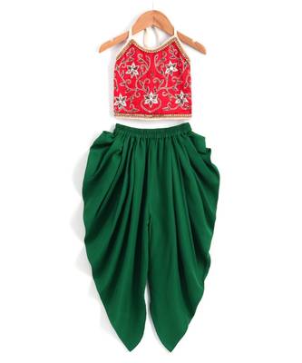 Girls Beadwork Embroidery Top with Dhoti set-Red Green 1