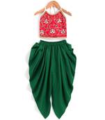 Girls Beadwork Embroidery Top with Dhoti set-Red Green