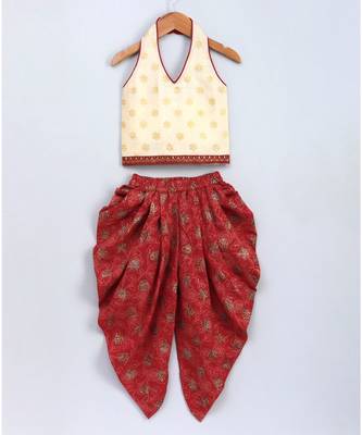 Girls Layered Top with Dhoti set-Off white and Red 1