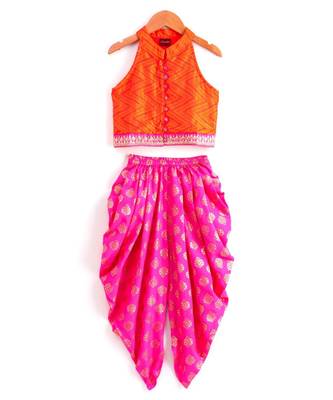 Girls Incut Chevron design Top with Dhoti set-Orange and Pink 1