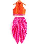 Girls Incut Chevron design Top with Dhoti set-Orange and Pink