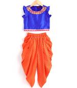 Girls Embroidered Neckline Top with Dhoti set-Blue and Orange