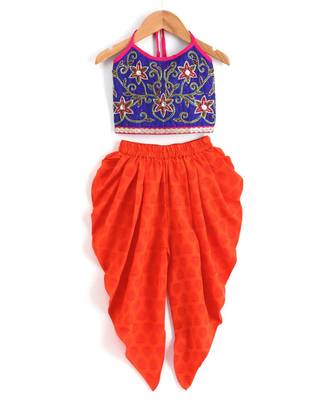 Girls Beadwork Embroidery Top with Dhoti set-Blue and Orange 1