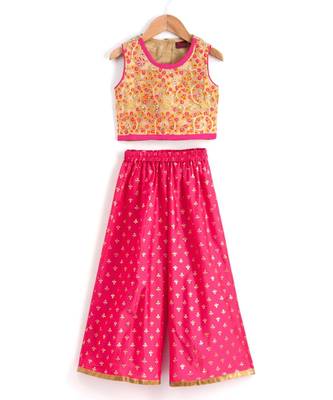 Girls Embroidered Top and Printed Palazzo -Beige and Pink 1