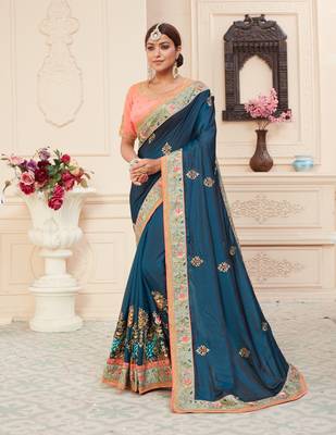 Cobalt blue embroidered silk blend saree with blouse 1