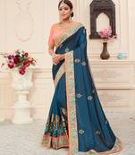 Cobalt blue embroidered silk blend saree with blouse