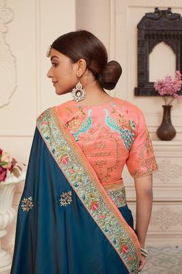 Cobalt blue embroidered silk blend saree with blouse 2